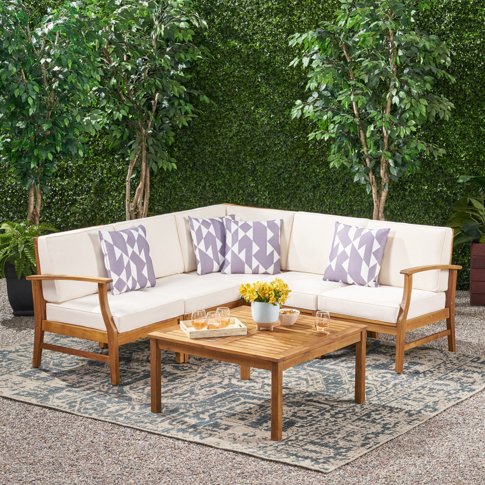 Outdoor 5-Seat V Shaped Acacia Sectional With Table, Cream