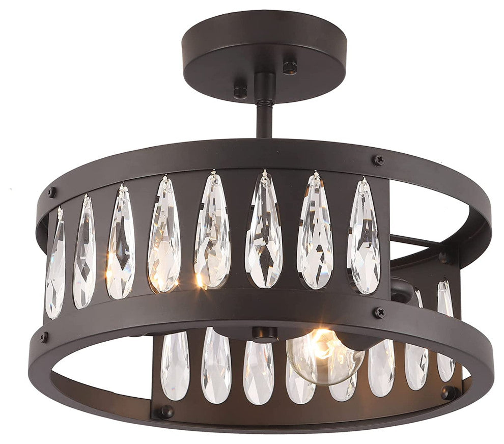2 Light Semi Flush Ceiling Light, Crystal, Industrial Ceiling Lamp