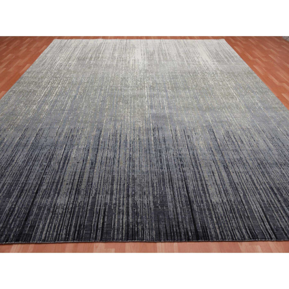 Blue, Modern Ombre Design, Pure Wool Hand Knotted Oversized Rug, 12'2"x15'0"
