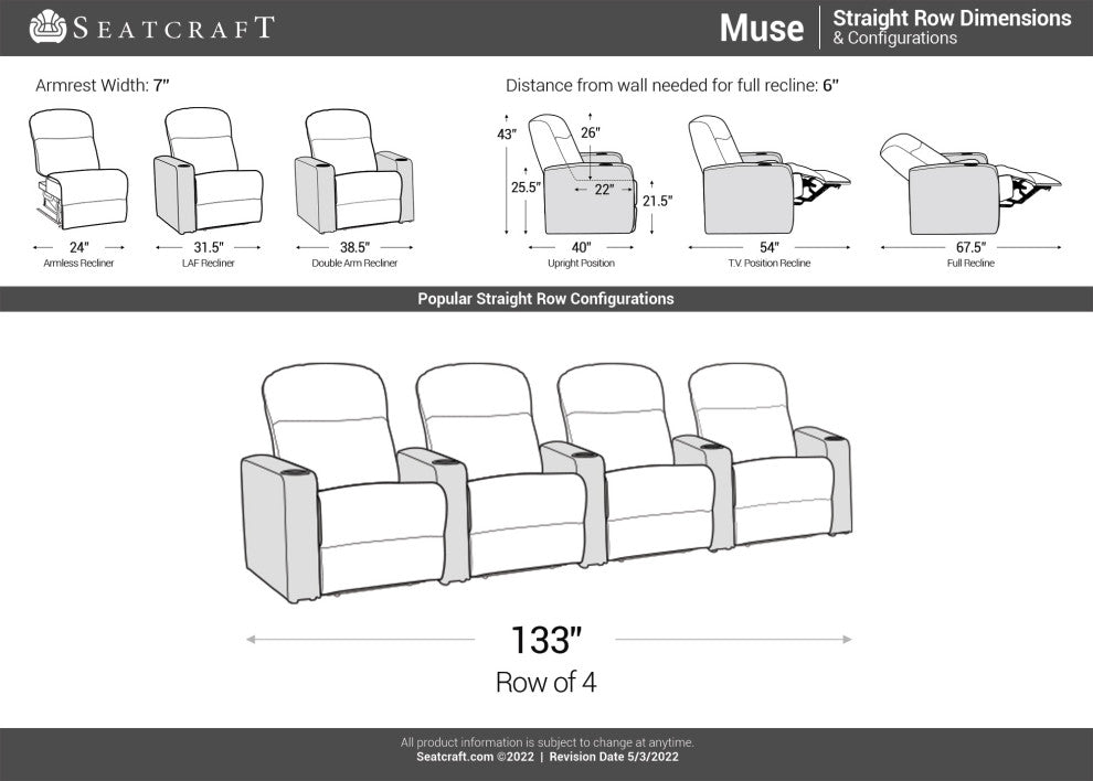Seatcraft Muse Home Theater Seating, Gray, Row of 4