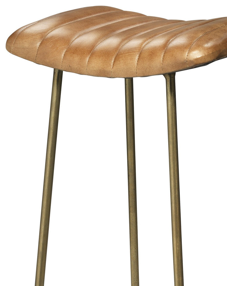 Vintage Style Curved Leather Seat Bar Stool Buff Brown Retro Ribbed Brass