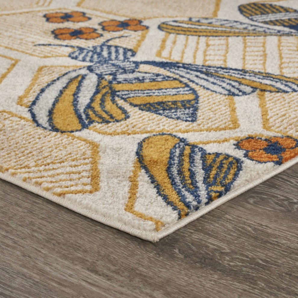 8" x 9" Gold and Ivory Bustling Bee Area Rug