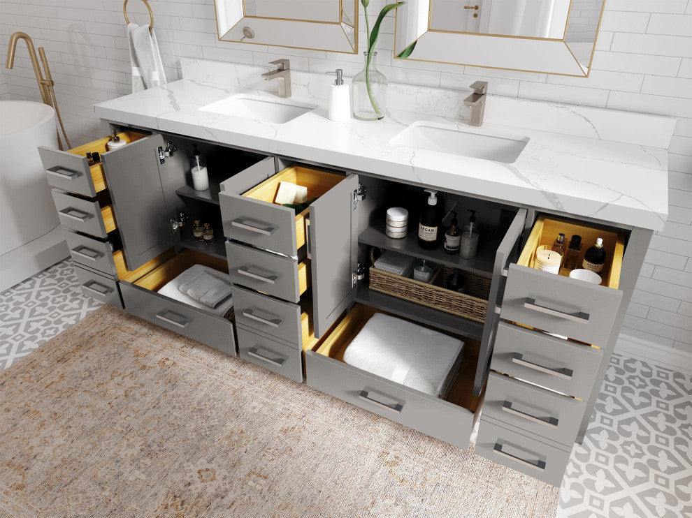Malibu 84 Double Sink Bath Vanity in Elephant Skin Gray 2" Viola Gold