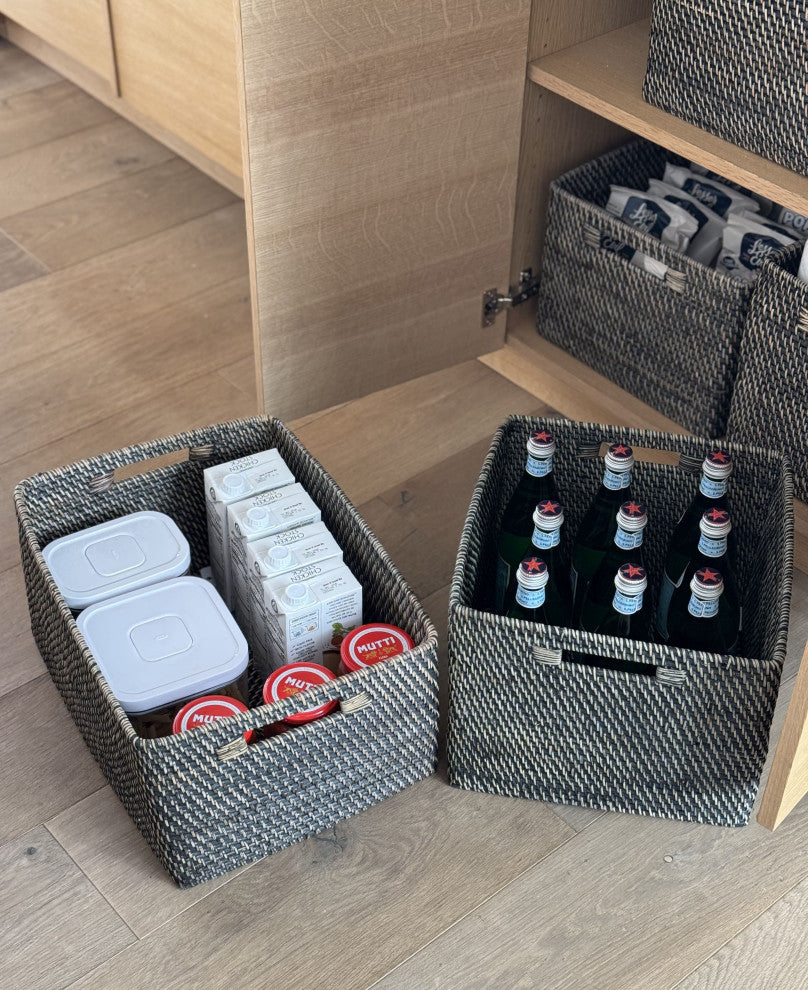 Loma Rectangular Decorative Rattan Storage Basket With Handles, Black Wash