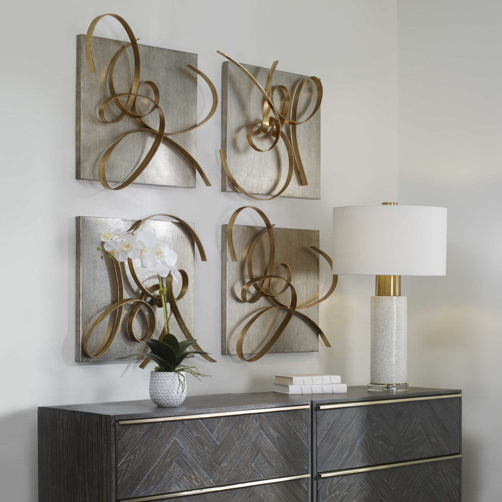 Silver Gold Metal Abstract Wall Squares, Contemporary Modern, 2-Piece Set