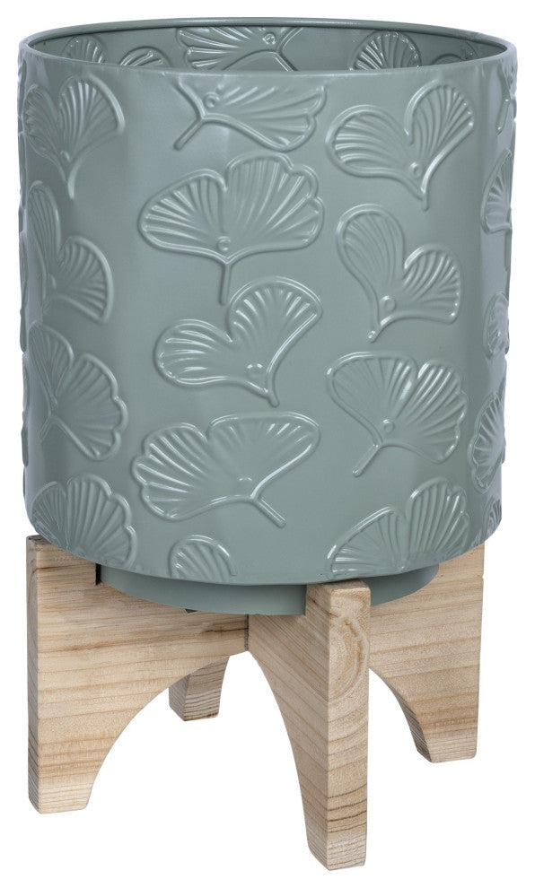 Leaf Pattern Green Planter With Wooden Base
