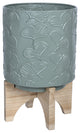Leaf Pattern Green Planter With Wooden Base