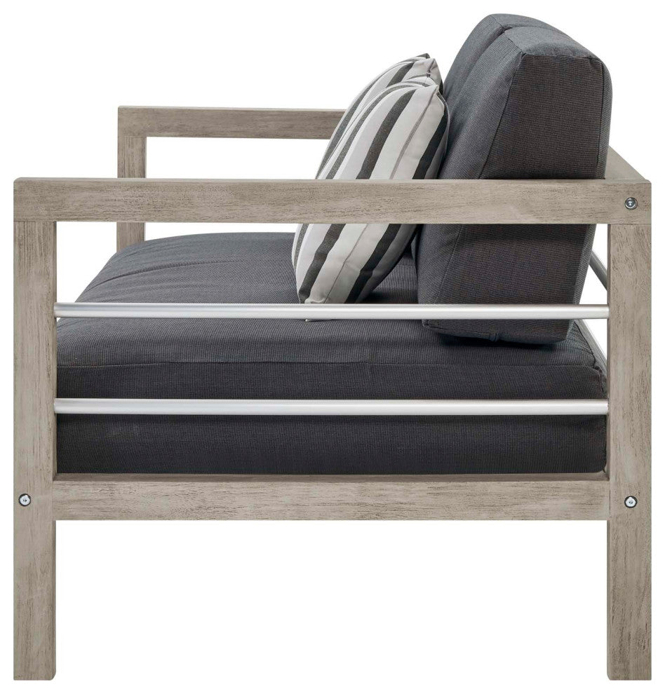 Lounge Loveseat Sofa, Wood, Gray, Outdoor Patio Balcony Cafe Bistro Garden