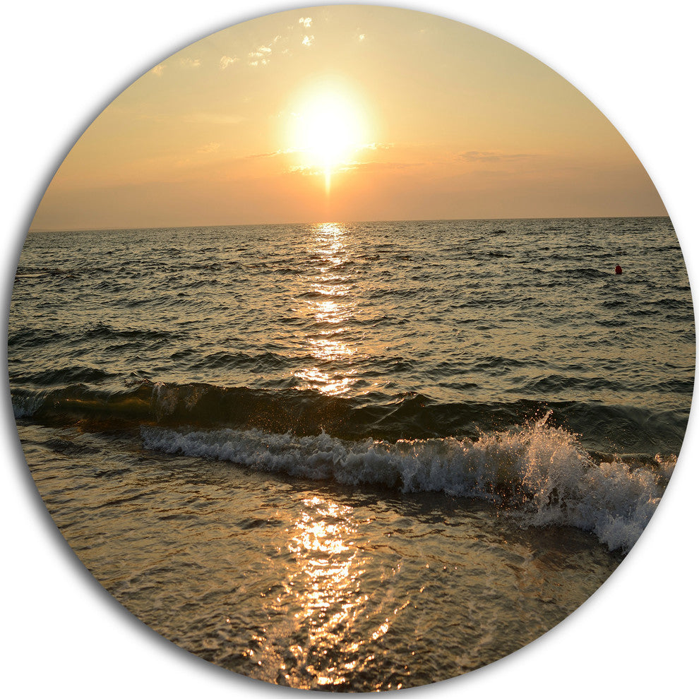 Black Seascape In Morning Sunlight, Beach Large Disc Metal Artwork, 11"