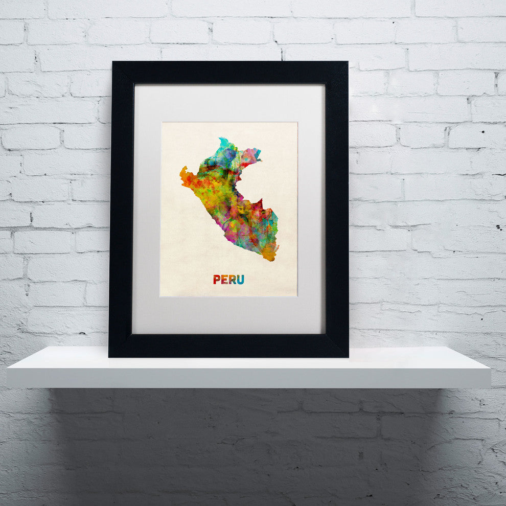'Peru Watercolor Map' Matted Framed Canvas Art by Michael Tompsett