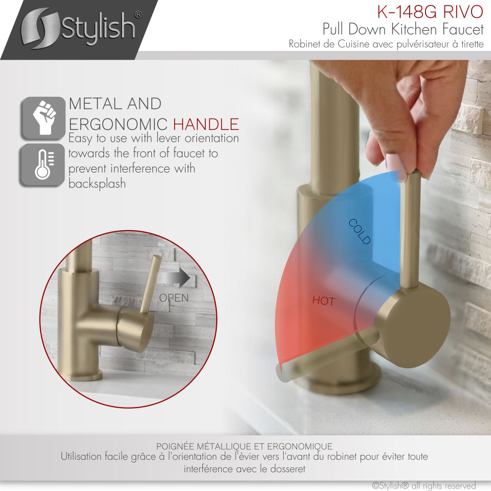 STYLISH Single Handle Pull-Down Dual Mode Kitchen Faucet Stainless Steel Golden