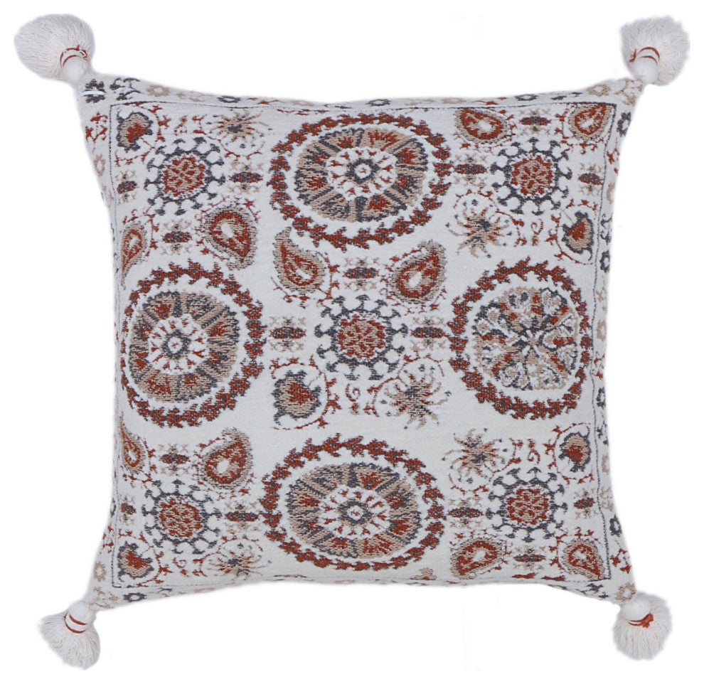 Off-White Machine Woven with Tassels Burbank Throw Pillow, 20" x 20"