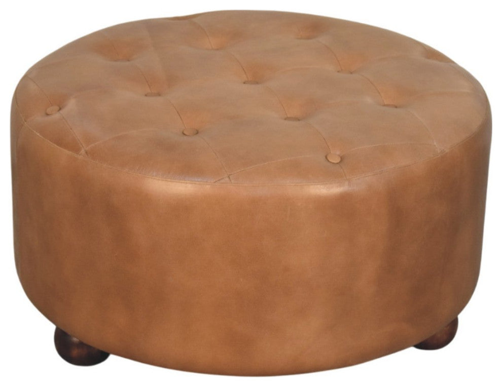 Ottoman upholstered Buffalo Brown hide leather Round Artisan Furniture
