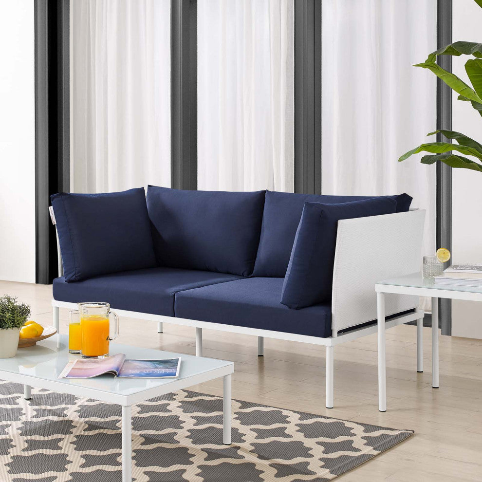 Lounge Loveseat Sofa, Sunbrella, Aluminum, Metal, White Blue Navy, Outdoor