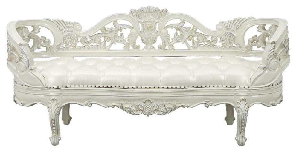 Benzara BM275671 Classic Ornate Carved Bench With Padded Cushion, Wood, White