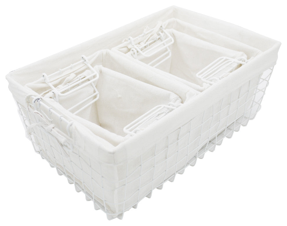 5-Piece Vintage Basket Set With Storage White Cotton Liner
