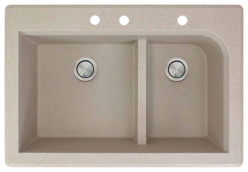 Radius 33" silQ Granite Double Bowl Kitchen Sink with 3 Holes in Cafe Latte