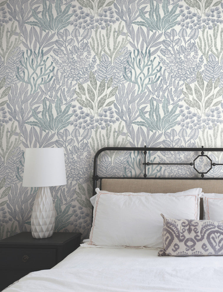 Coral Leaves Blue and Aqua Wallpaper