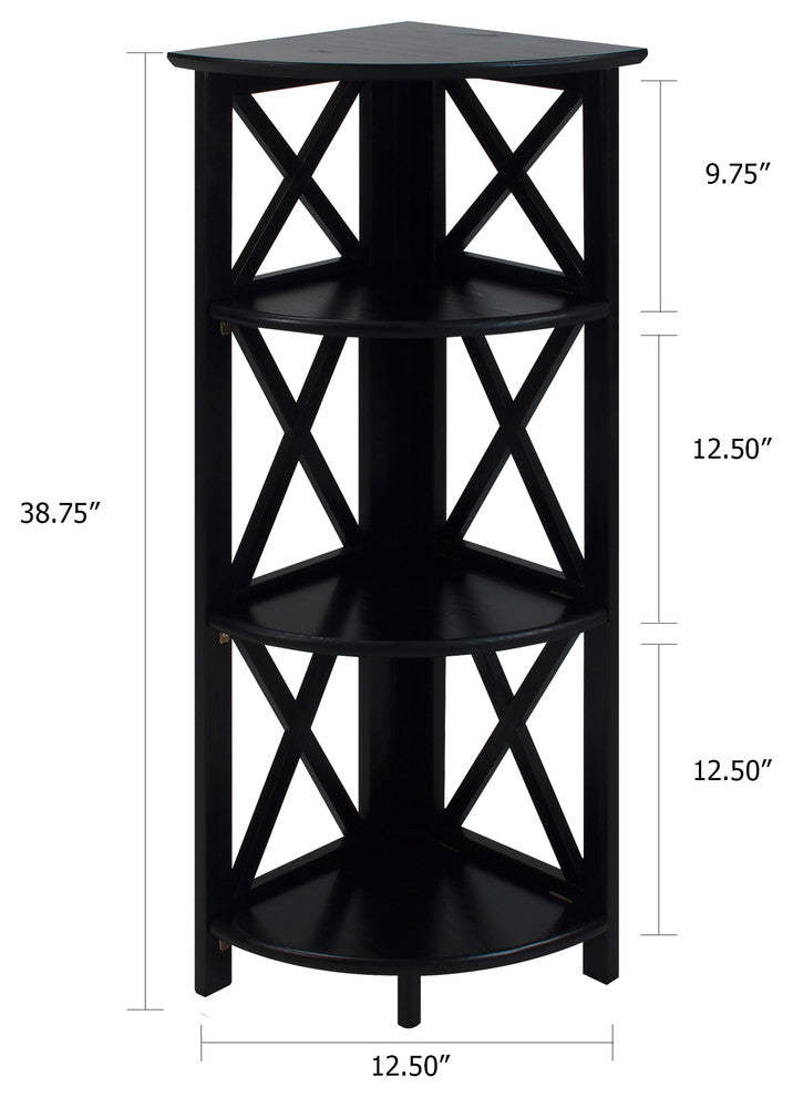 Montego 3-Shelf Corner Folding Bookcase With Mantel Top, Black
