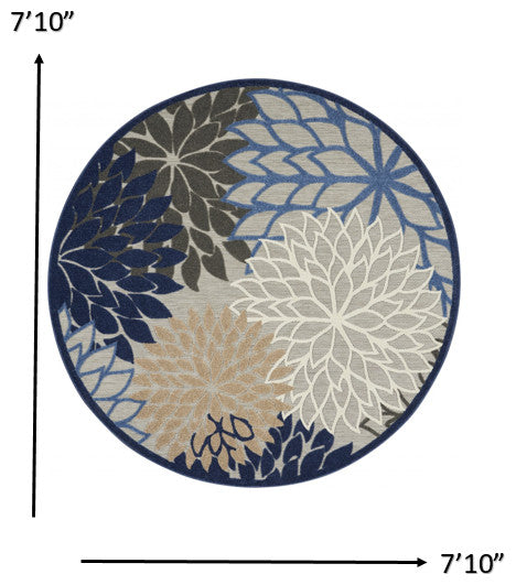 8' Round Blue And Gray Round Floral Indoor Outdoor Area Rug