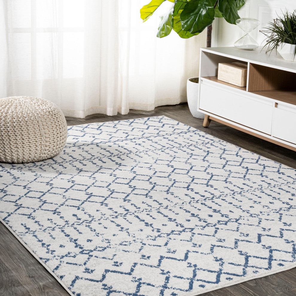 Moroccan HYPE Boho Vintage Diamond Runner Rug, Cream/Navy, 4 X 6