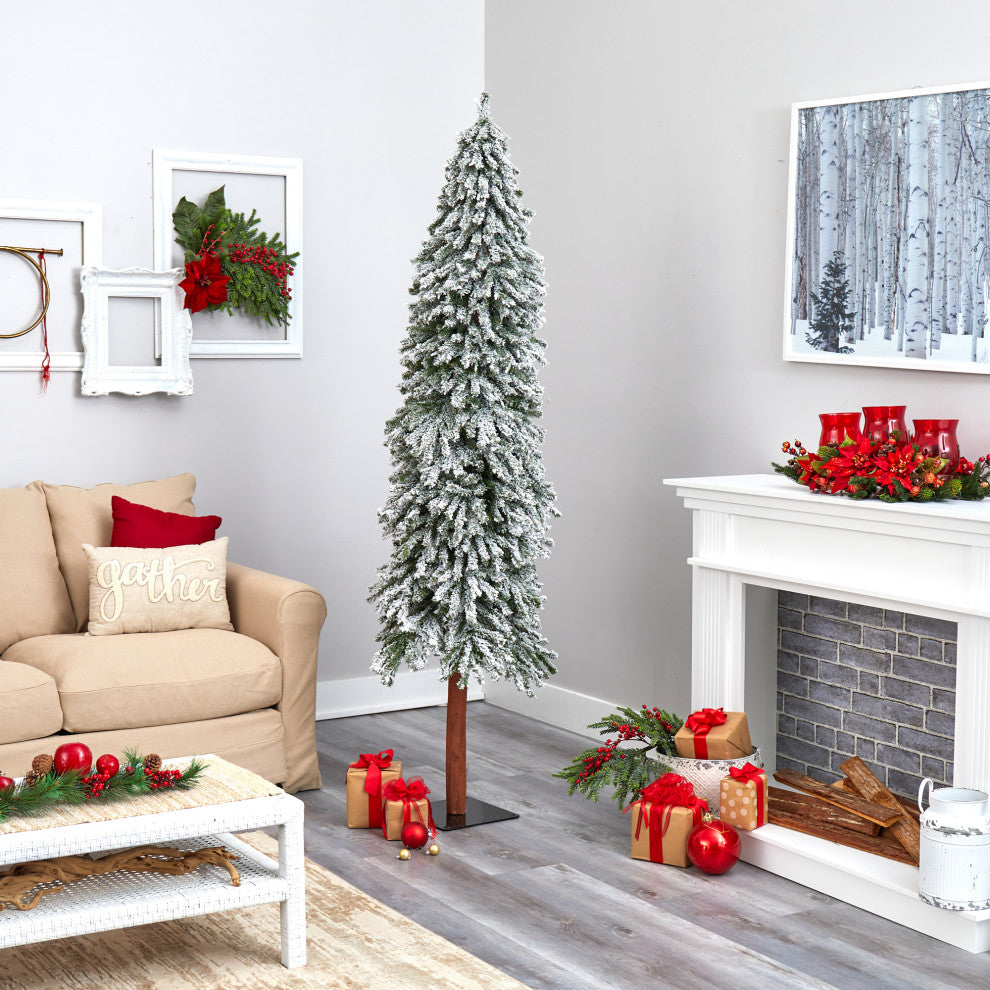 7' Flocked Grand Alpine Faux Xmas Tree W/Lights, Bendable Branches