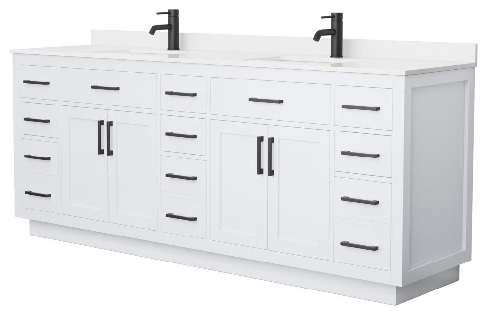 Beckett TK 84" White Double Vanity, White Quartz Top, 1-Hole, Black Trim