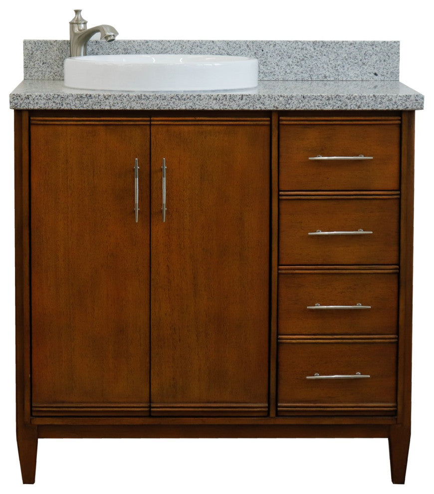 37" Single Vanity, Walnut Finish With Gray Granite