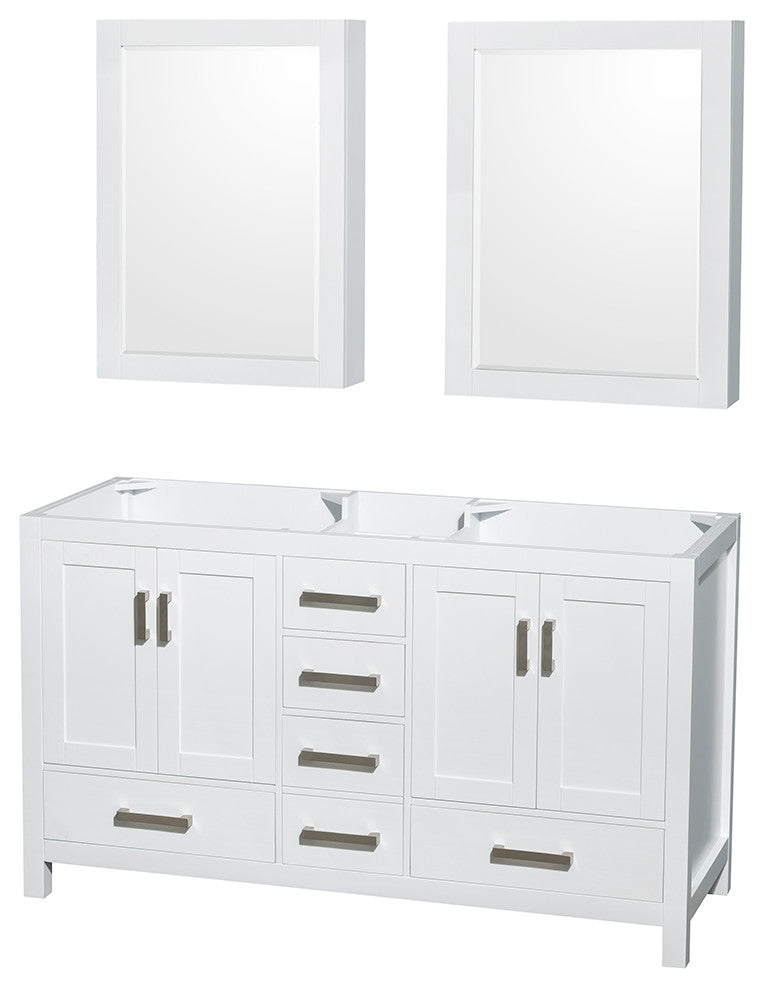 Sheffield 60" White DBL Vanity, No Top, No Sinks, Med Cabs