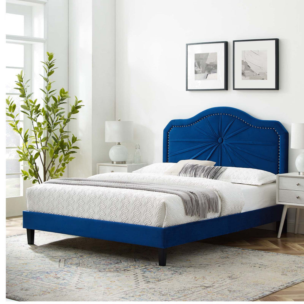 Platform Bed Frame, King Size, Velvet, Blue Navy, Modern Contemporary, Bedroom