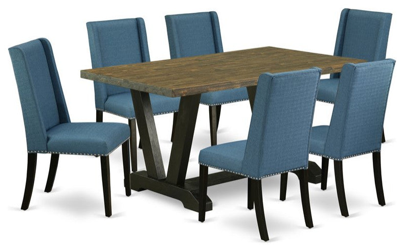 East West Furniture V-Style 7-piece Wood Dining Table Set in Black