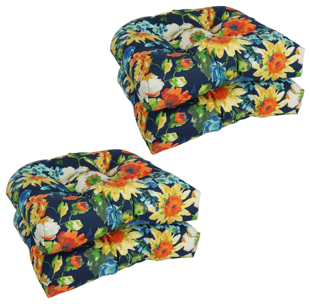 19" U-Shaped Patterned Tufted Chair Cushions, Set of 4, Alfinia Fresco Caspian