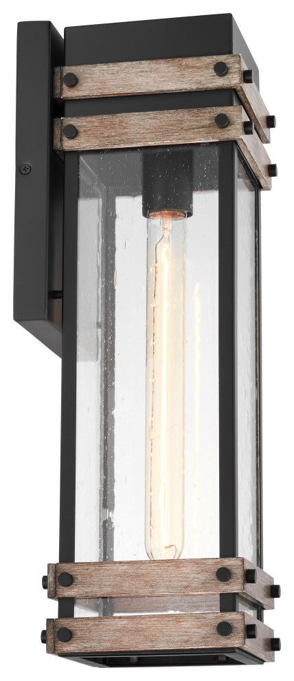 Homestead 1-Light Large Wall Lantern, Matte Black/Wood/Clear Seed