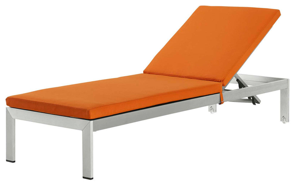 Lounge Chair Chaise, Aluminum, Metal, Silver Orange, Modern, Outdoor Patio Cafe