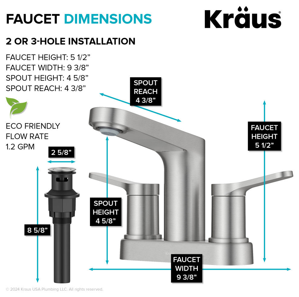 KRAUS Indy 2-Handle 3-Hole Centerset Bathroom Faucet Spot Free BN, PU Drain