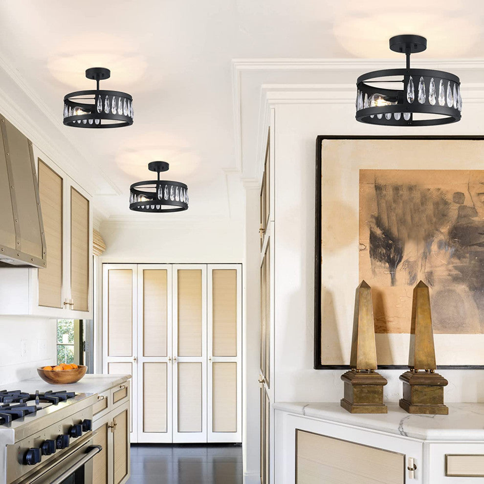 2 Light Semi Flush Ceiling Light, Crystal, Industrial Ceiling Lamp