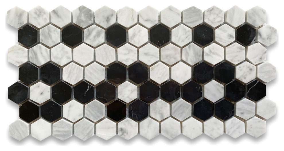 Carrara White Marble Hexagon Mosaic Border Flower Tile Polished 1", 1 sheet