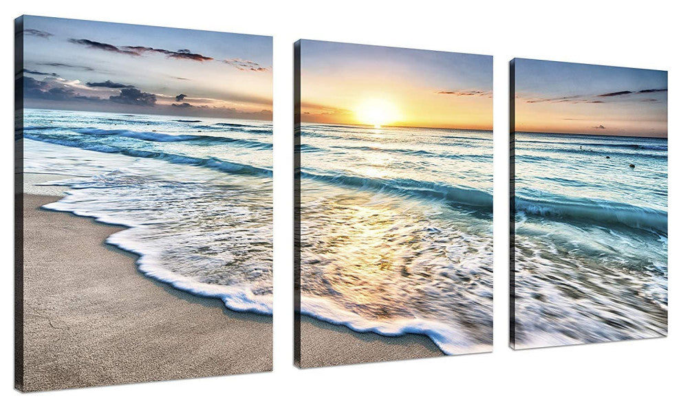 3-Panel White Beach Canvas Wall Art for Home Decor Blue Sea Sunset