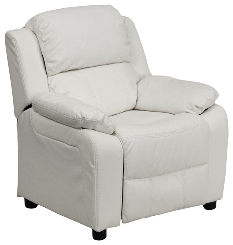Deluxe Padded Kids Recliner With Storage Arms, White Vinyl