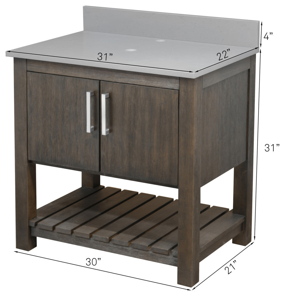 30" Vanity, Smoke Grey Quartz Top, Backsplash, Sink, Drain, and P-Trap, Chrome, Without Mirror