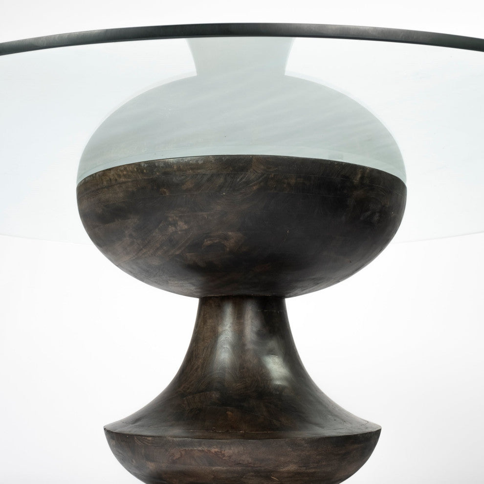 60" Clear Brown Rounded Glass Solid Manufactured Wood Pedestal Base Dining Table