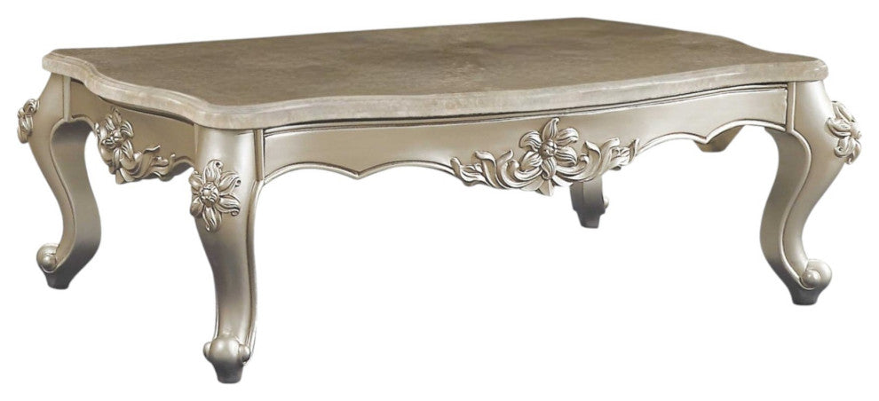 57" Beige Genuine Marble And Solid Wood Coffee Table