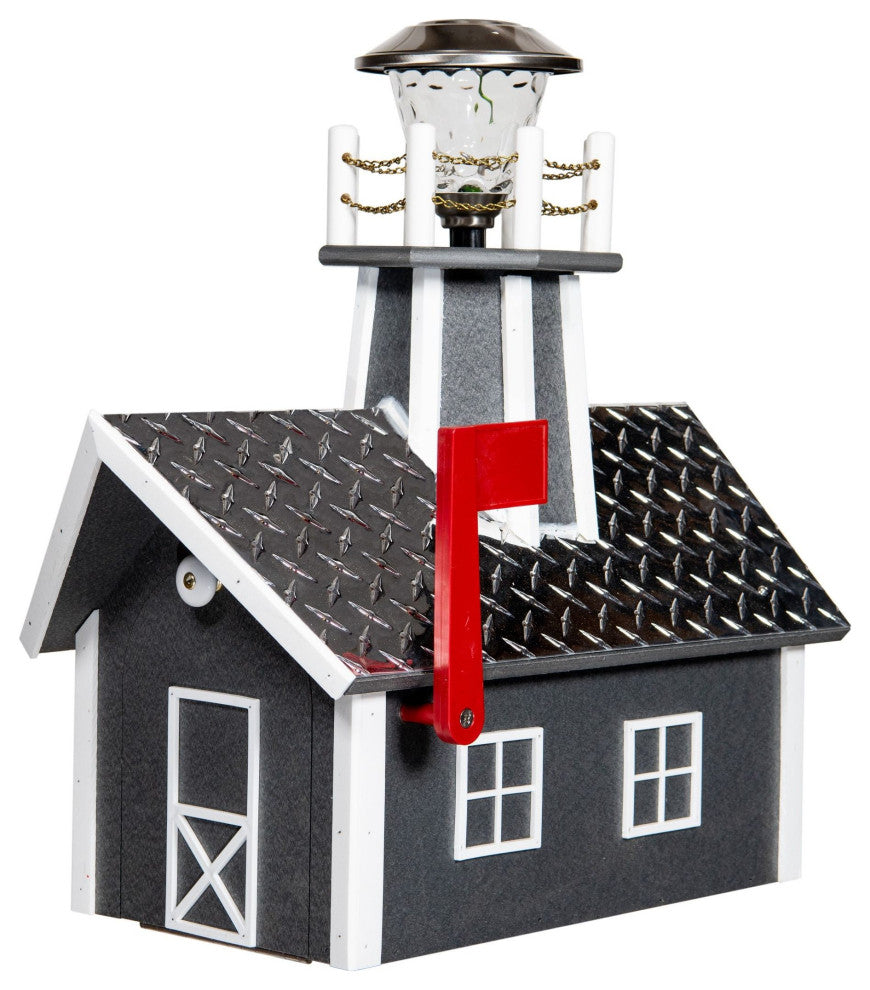 Deluxe Mailbox with Lighthouse, Dark Gray & White, Aluminum Diamond Plate Roof