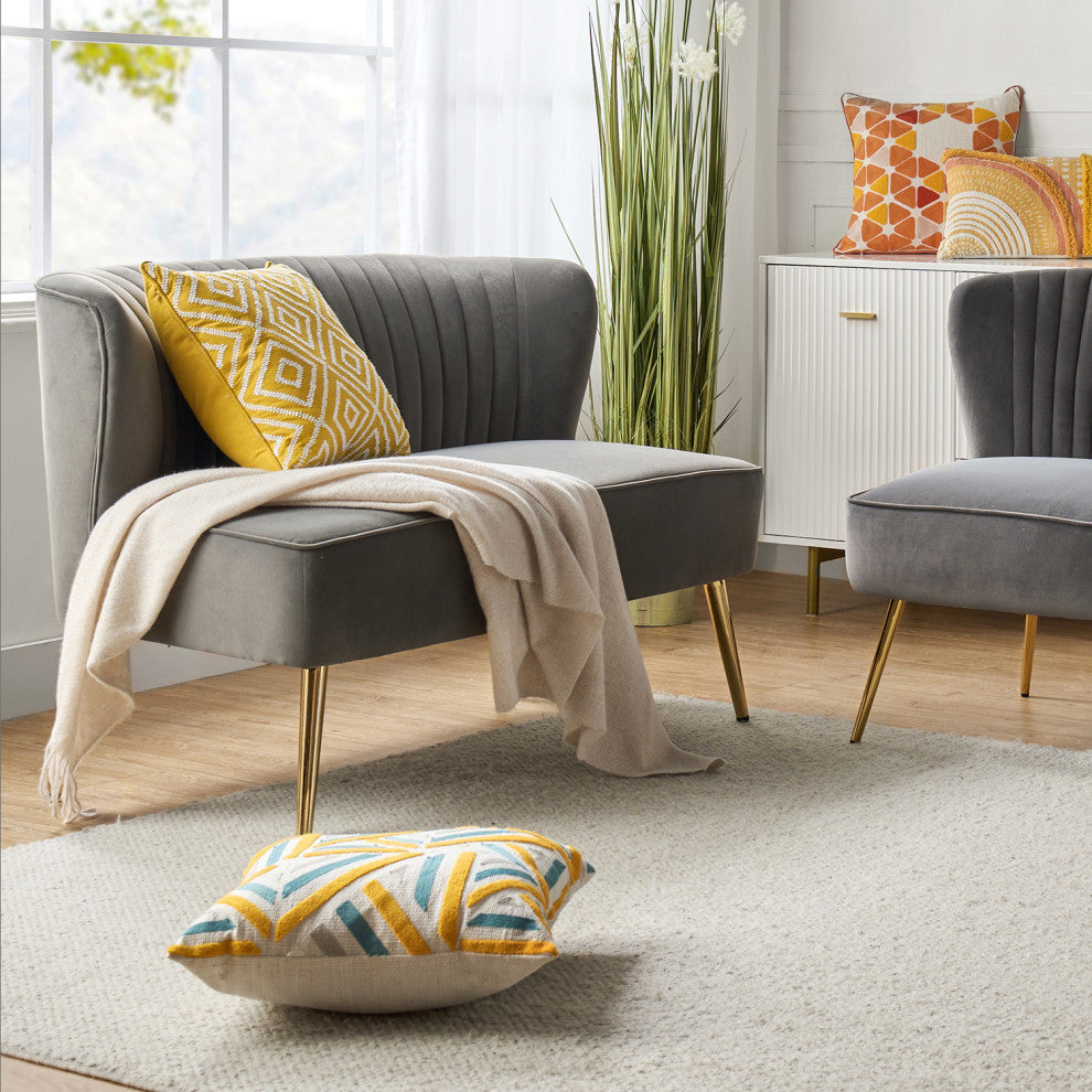 Velvet Tufted Loveseat Sofa With Golden Base, Gray