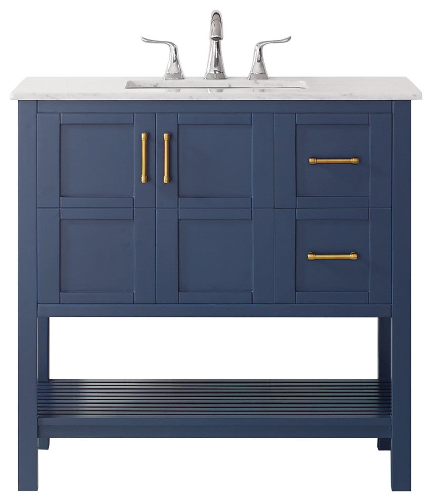 36" Vanity in Royal Blue with Carrara White Marble Countertop Without Mirror