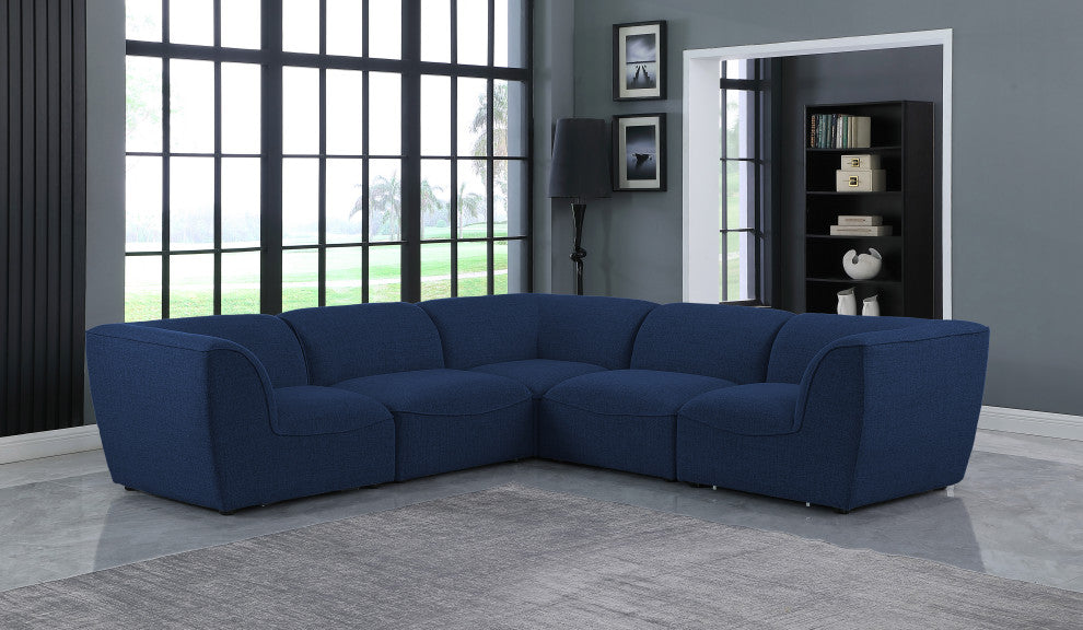 Miramar Linen Textured Fabric  5-Piece Modular L-Shaped Sectional, Navy