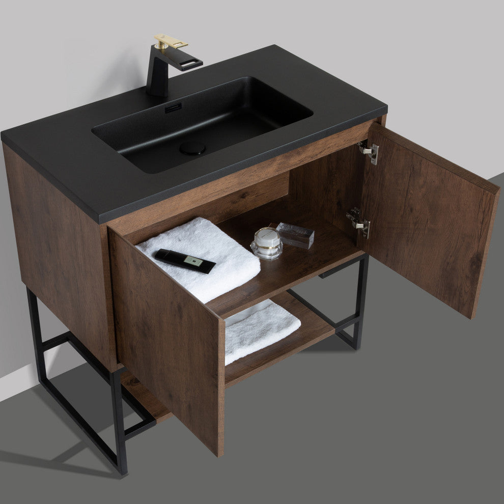 Freestanding Bath Vanity Set, Rose Wood, Integrated Solid Surface Sink, 36"