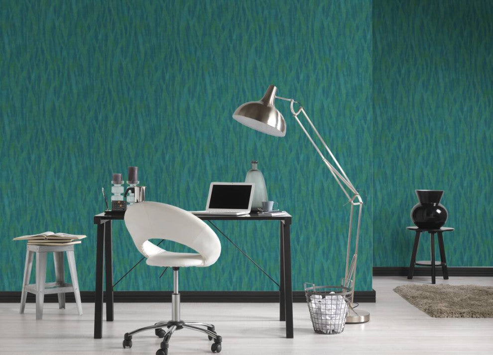Botanical and Jungle Textured Wallpaper, Grass, Blue Gold Green Metallic, Sample