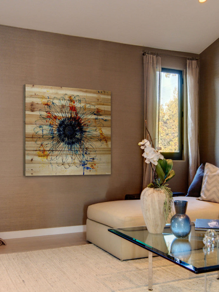 "Stencil Flower" Painting Print on Natural Pine Wood, 32"x32"