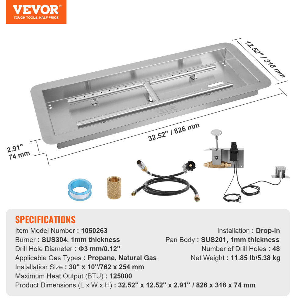 VEVOR 30x10 inch Drop-in Fire Pit Pan Fire Pit H-shape Burner Kit 125,000 BTU